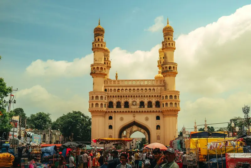 The Charminar rising above the busy market in Hyderabad