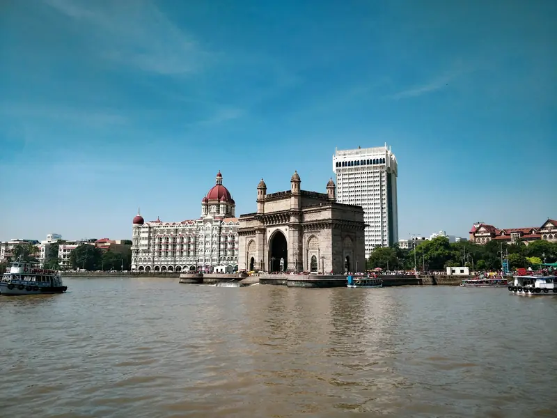 The Gateway of India and the Mumbai waterfront seen from the harbour