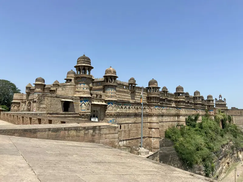 The domed towers and walls of Man Singh Palace at Gwalior Fort