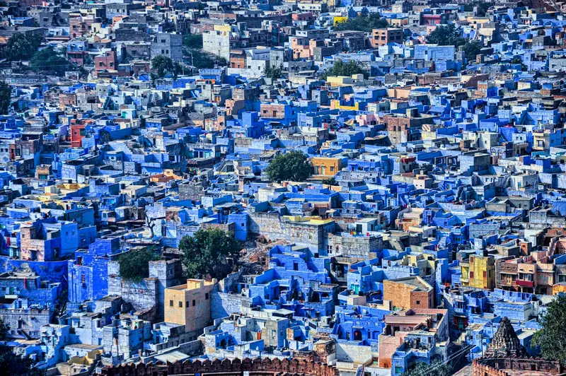 The blue-painted houses of Jodhpur's old city seen from above