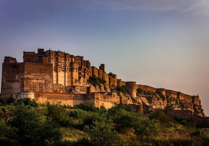 Mehrangarh Fort on its rocky ridge above Jodhpur at dusk