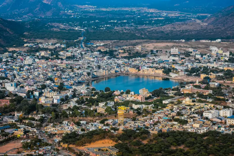 Pushkar town and its lake among the Aravalli hills