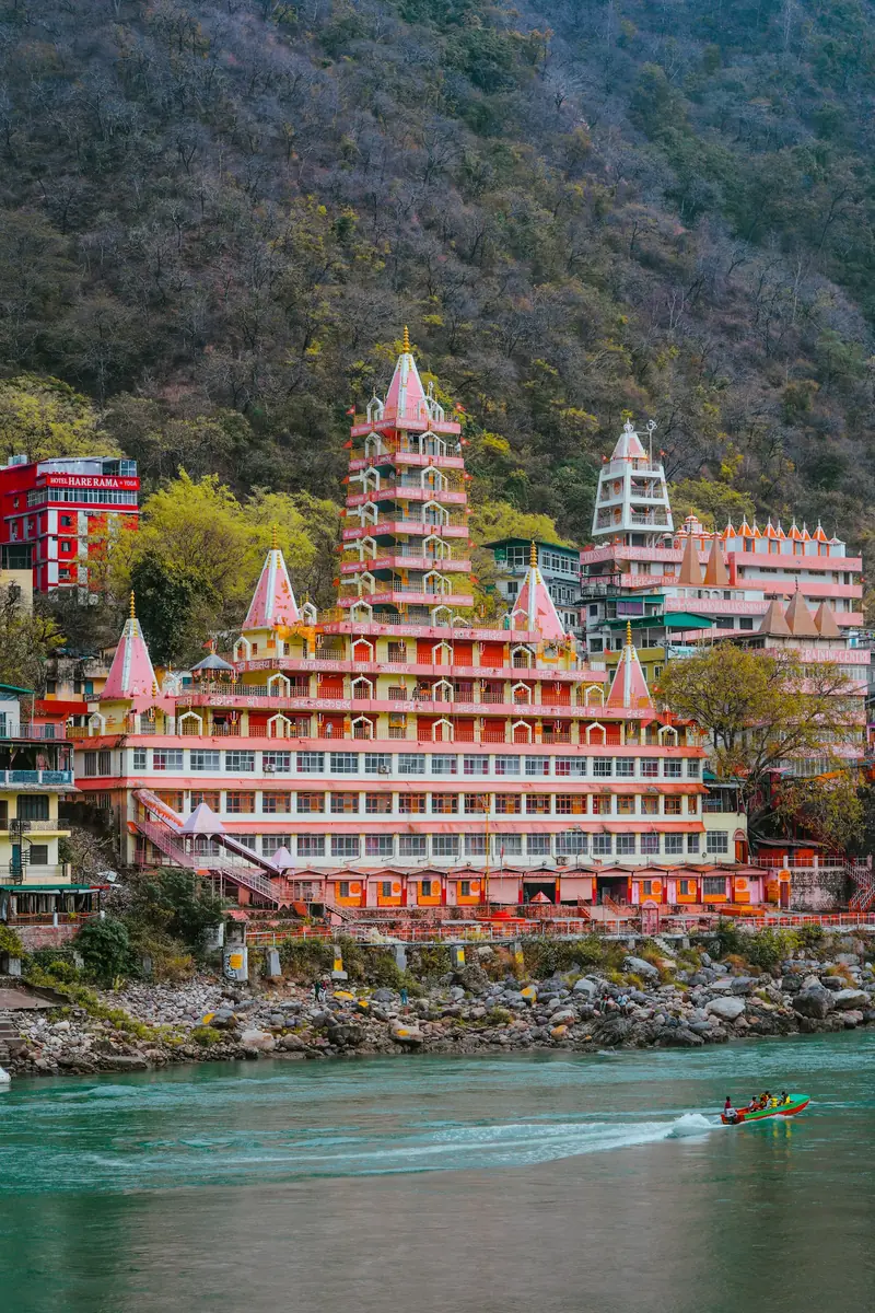 A many-storeyed temple beside the Ganges at Rishikesh