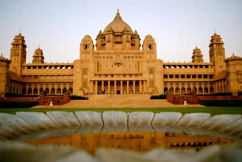 Umaid Bhawan Palace in Jodhpur reflected in a fountain