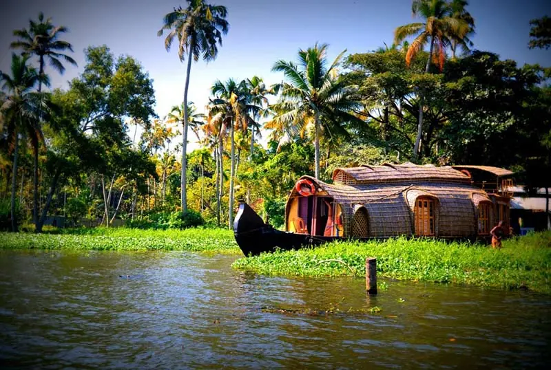 Houseboat on the backwaters of Kerala among palm trees