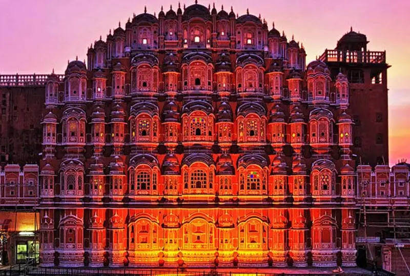 Hawa Mahal in Jaipur lit up at dusk